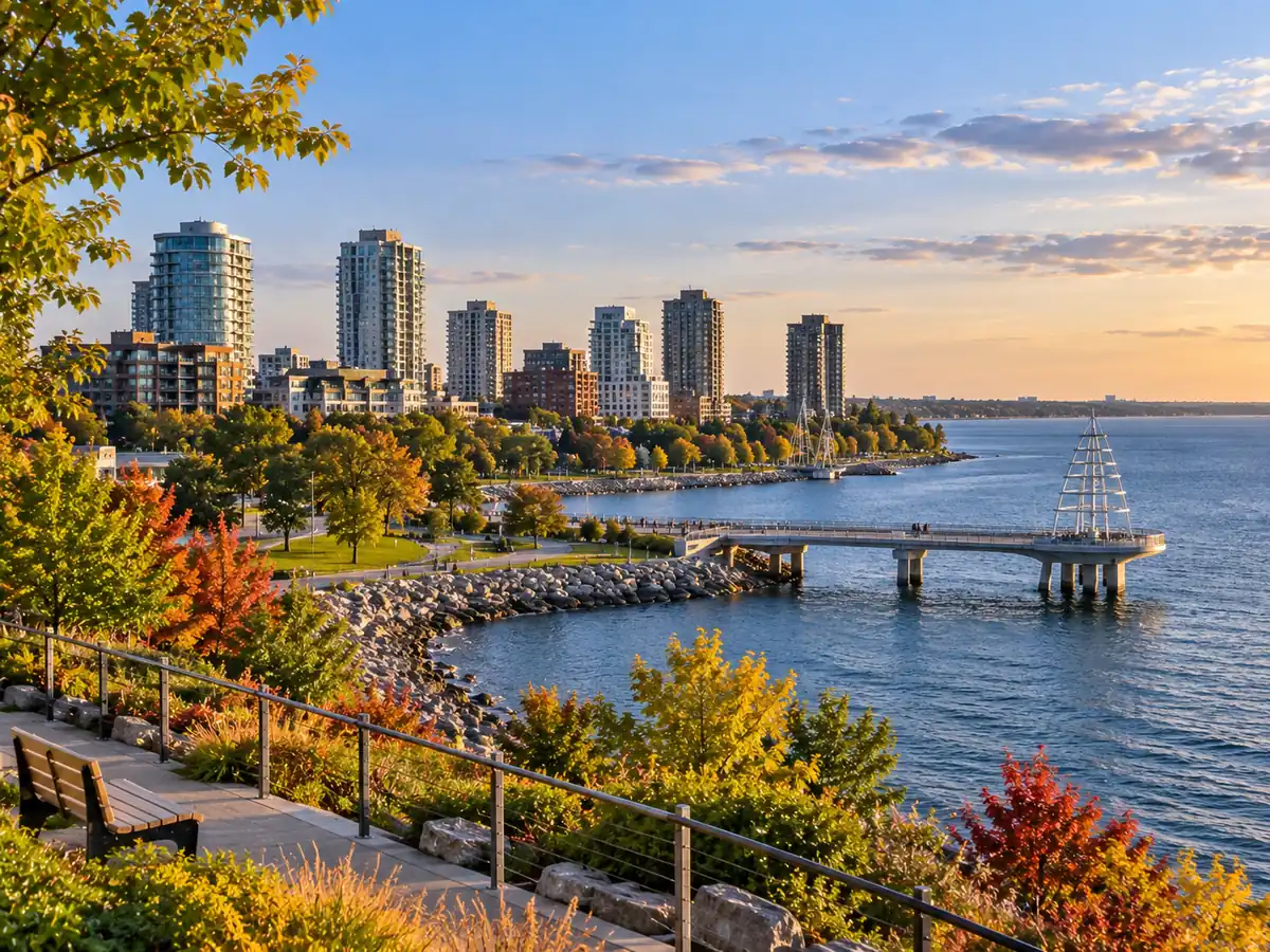 Burlington waterfront on Lake Ontario at sunset