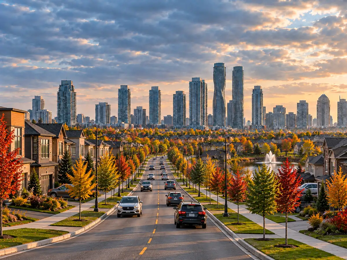 Suburban street in Peel Region with Mississauga towers behind