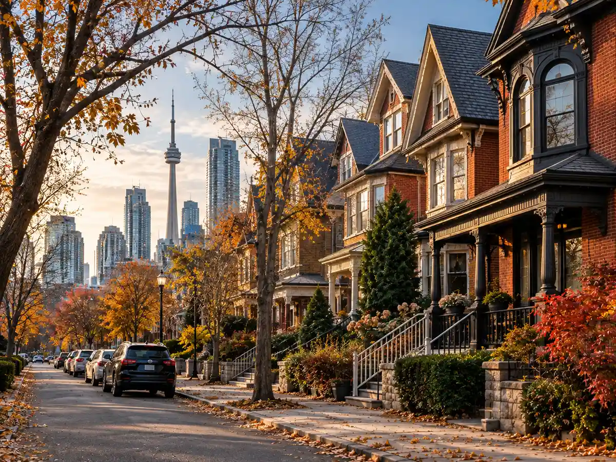 Victorian brick homes on a tree-lined Toronto street with the CN Tower behind