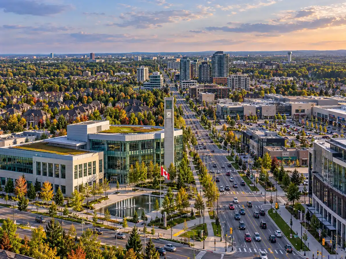 Aerial view of a York Region city centre