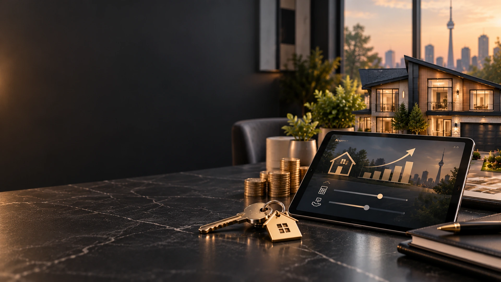 Tablet showing a savings calculator beside house keys and stacked coins, with a home and the Toronto skyline behind