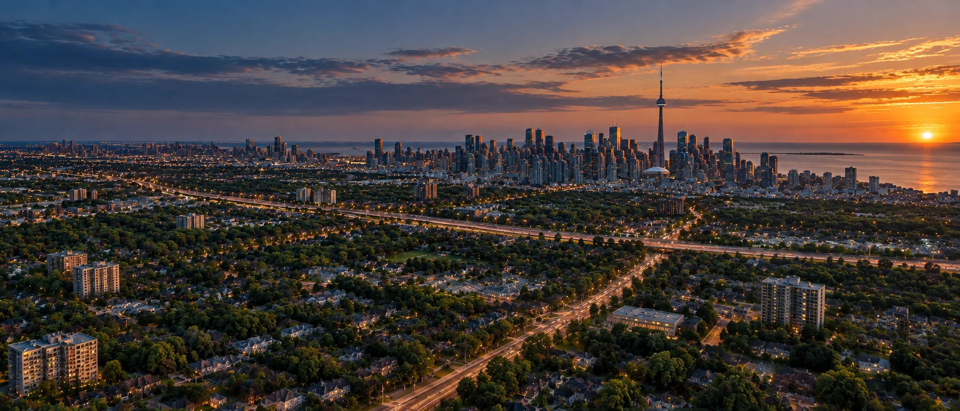 The Greater Toronto Area at sunset, from the suburbs to the downtown skyline