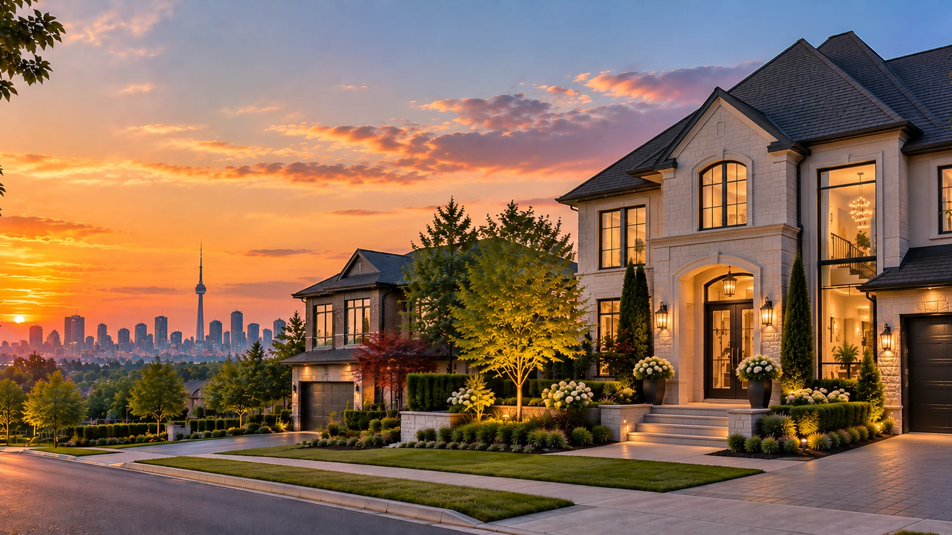 Stone home at sunset with the Toronto skyline in the distance