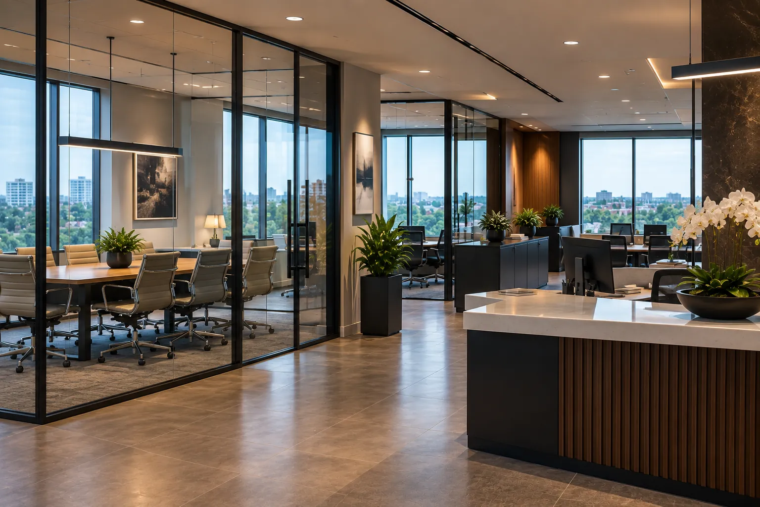Brokerage office with a glass-walled meeting room
