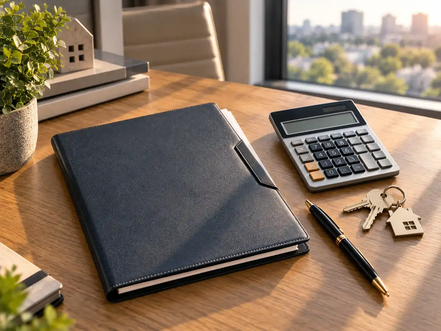 Closing cost paperwork and a calculator on a desk