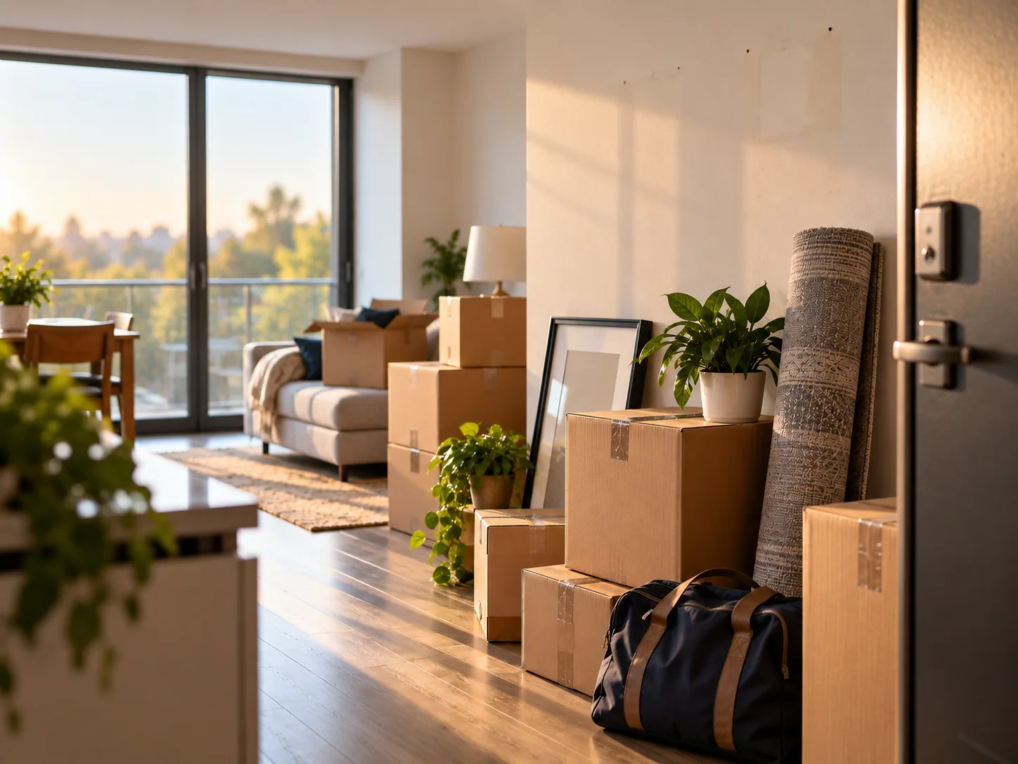 Moving boxes by the door of an apartment on moving day