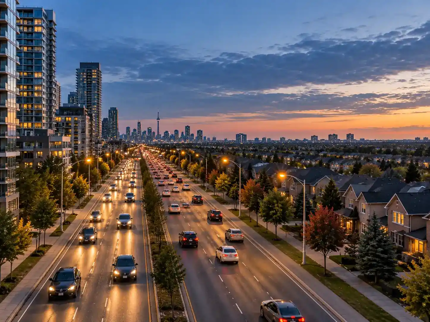 Toronto skyline beside a suburban street, the line where land transfer tax changes