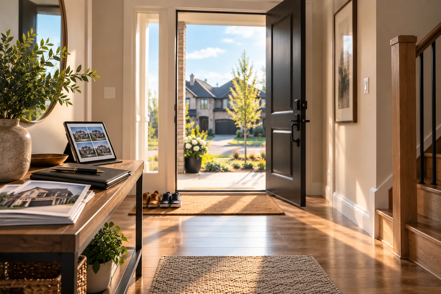 Open front door of a home looking out to a residential street