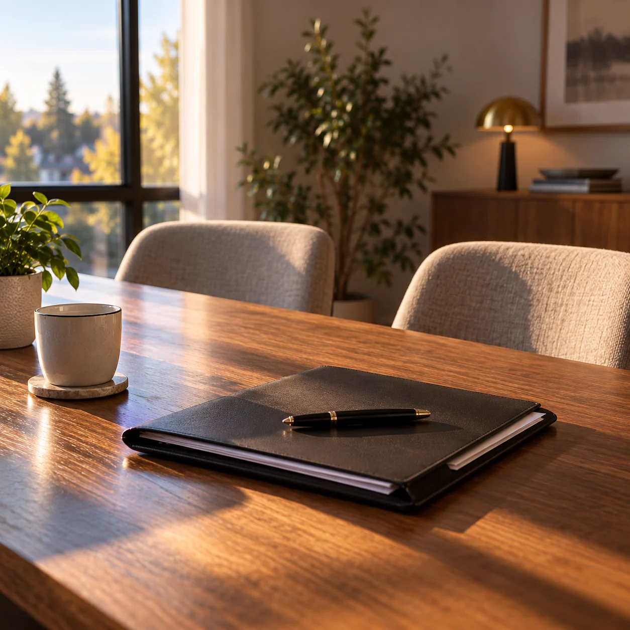Leather folder and pen on a meeting table, ready for a signed agreement