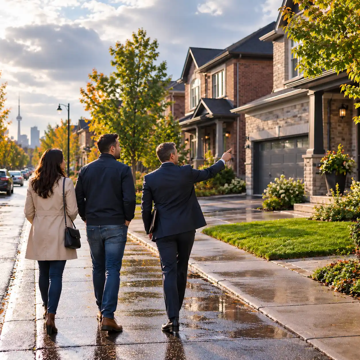 Two buyers walking a residential street with their agent