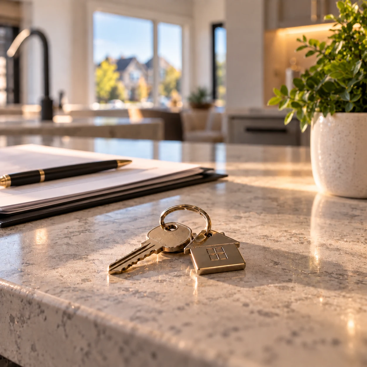 House keys on a kitchen counter beside closing papers