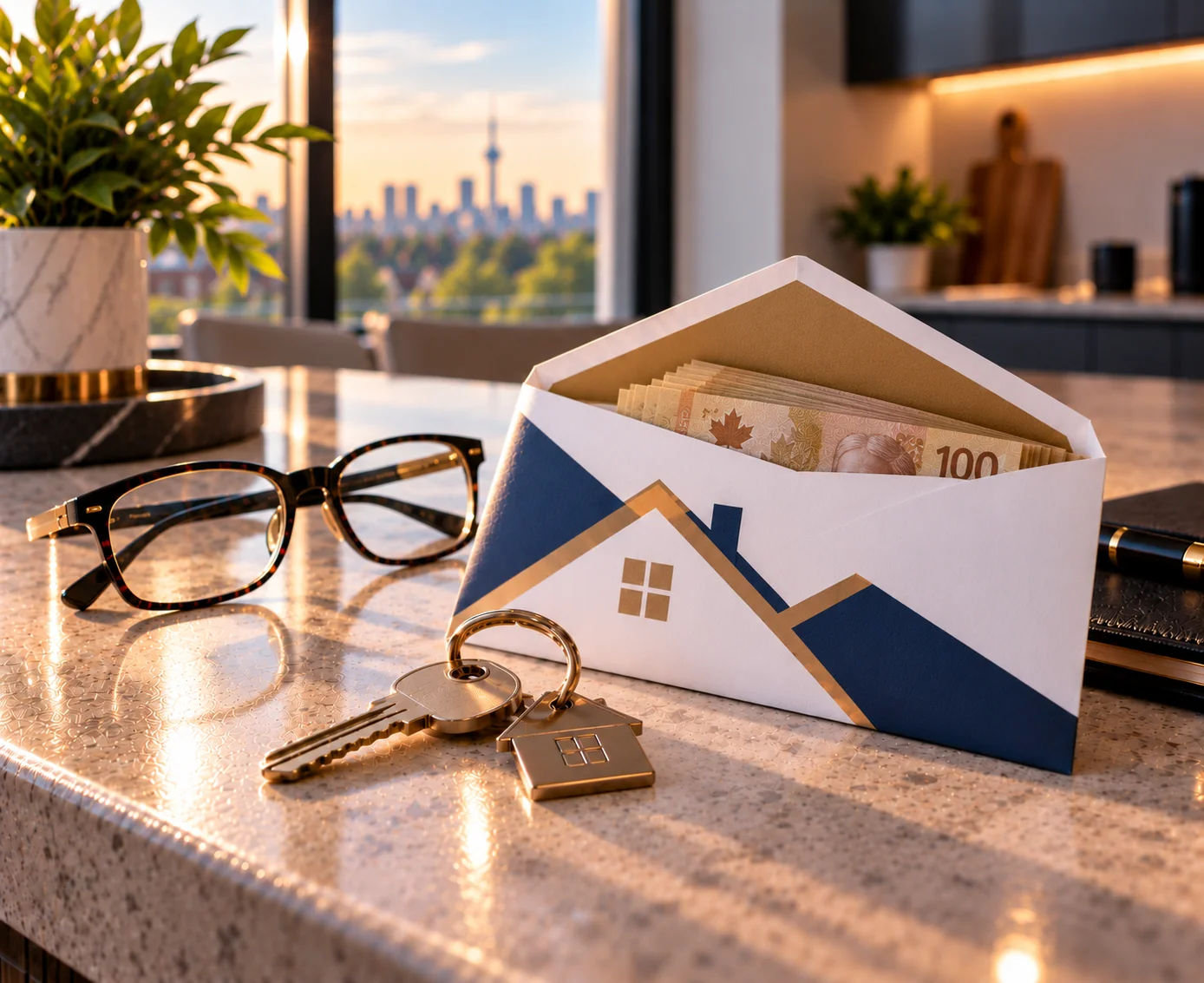Envelope holding banknotes beside house keys on a kitchen counter